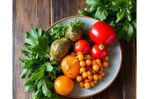 Plato colorido y saludable con verduras frescas, frutas y proteínas, en una mesa de madera clara.