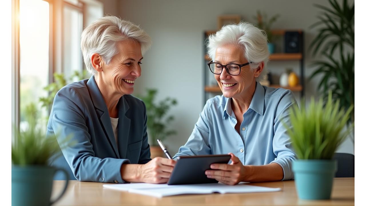 Dos profesionales de VidayBien sonriendo y colaborando en una tablet en un entorno moderno y luminoso, simbolizando compromiso y calidad en el servicio al cliente.