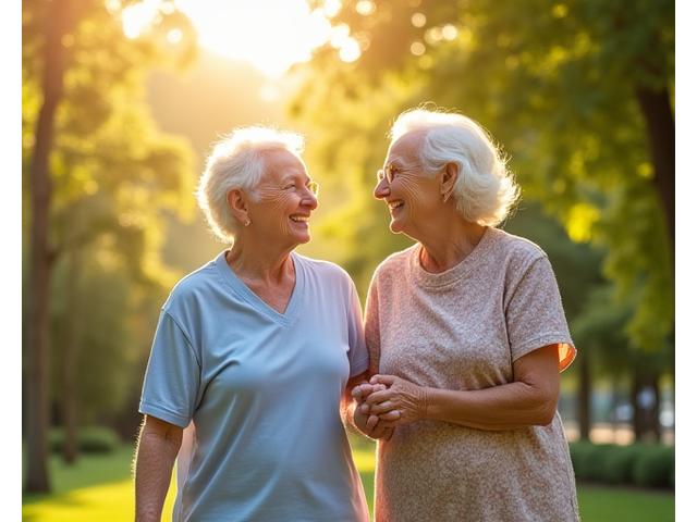 Pareja de adultos mayores sonriendo y riendo al aire libre, irradiando vitalidad y bienestar