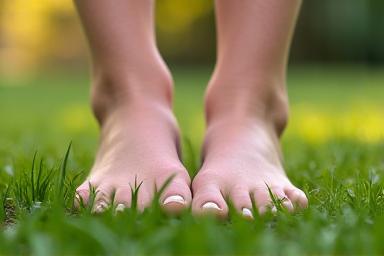 Pies descalzos sobre hierba húmeda, con enfoque en la conexión con la tierra, para momentos de ansiedad.